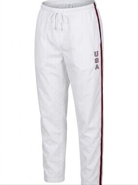 White Track Pants with Red & Navy Side Stripe and USA Lettering Lrg Size Large